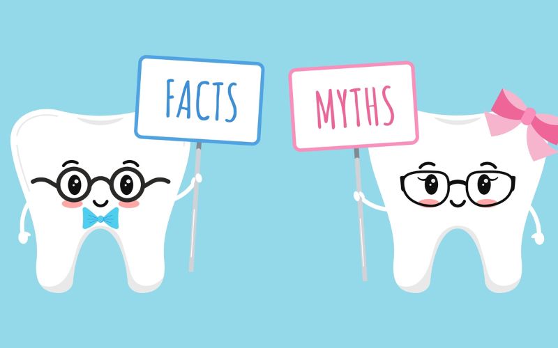 Two cartoon teeth holding signs with the words facts and dental myths.